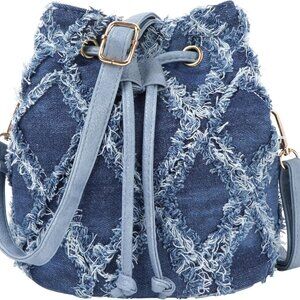 Women Denim Mini Bucket Bag Crossbody Drawstring Quilted Tassel Purse